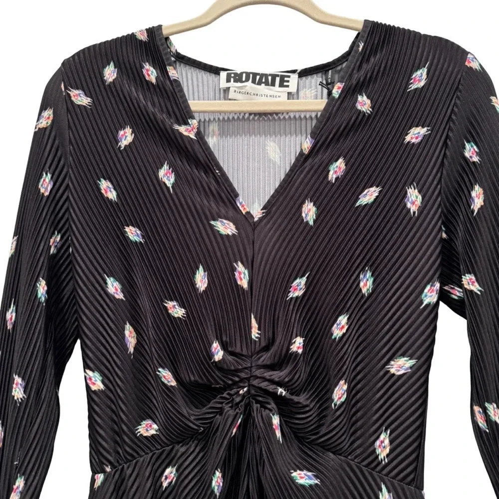 NWT Rotate Birger Christensen Number 7 Pleated Black Midi Dress Planet AOP SizeM - Picture 5 of 16